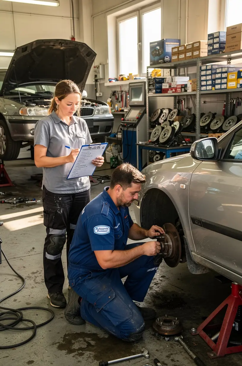Zákazník konzultuje s mechanikom opravy potrebné pre splnenie emisnej normy.